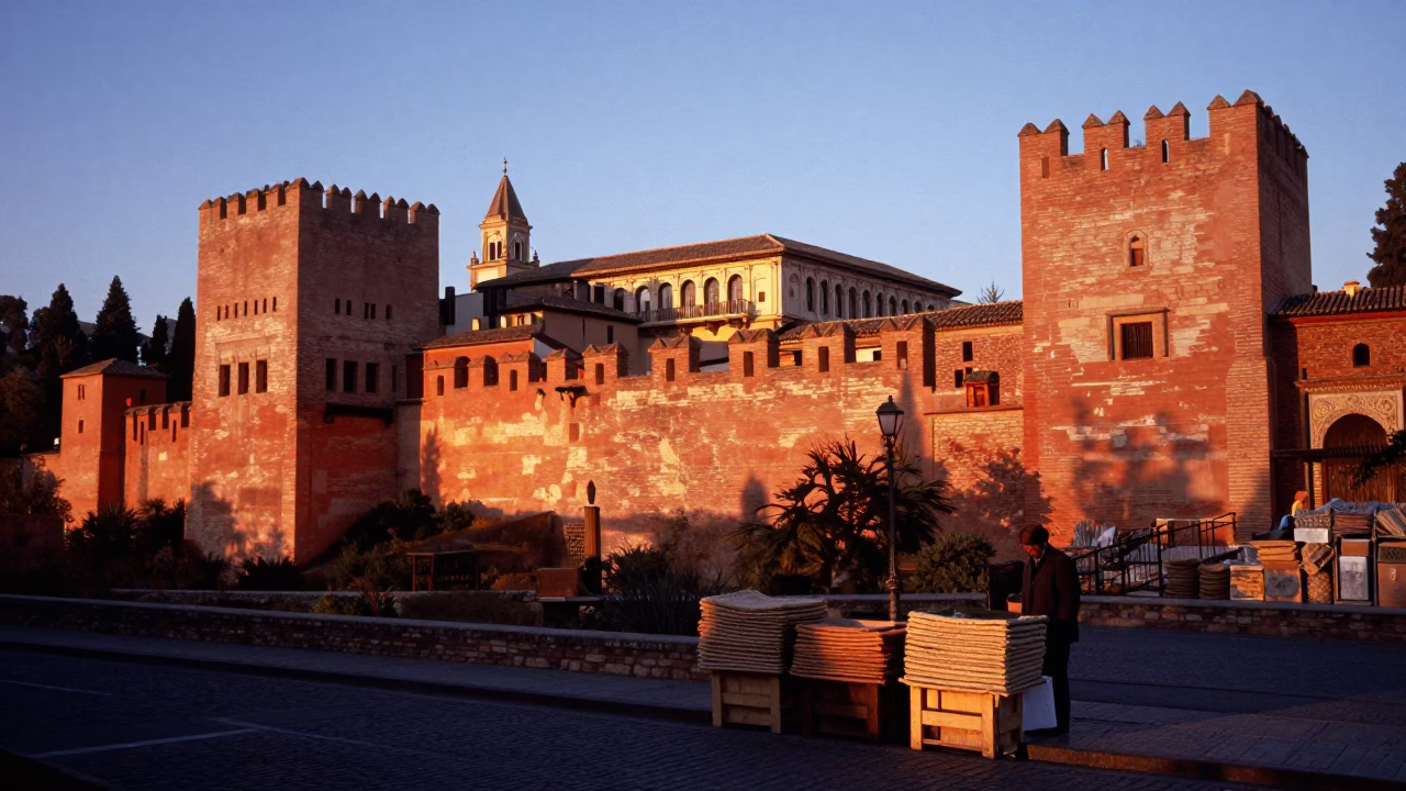 Sunset over Granada Spain Alhambra Palace Red Brick Walls and Woven Mat Basket in in Granada, Spain