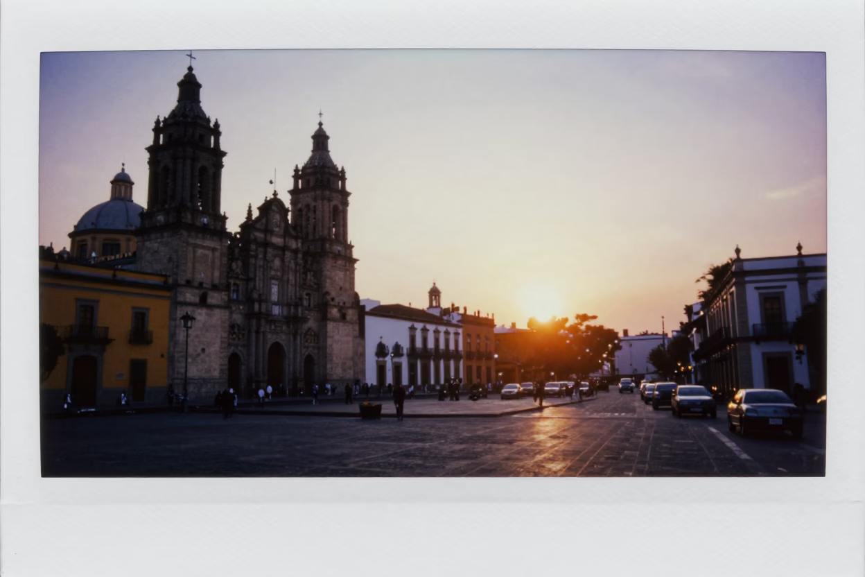 Sunset over Guadalajara Mexico Plaza with Historic Architecture and Street Life in in Guadalajara, Mexico