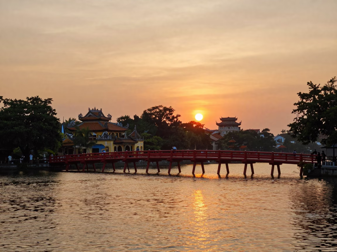 Sunset over Hoan Kiem Lake Hanoi Vietnam with traditional architecture and street life in in Hanoi, Vietnam
