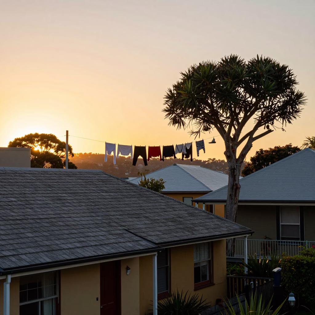 Sunset Over Hobart Rooftops With Clothesline and Fig Tree in in Hobart, Tasmania, Australia