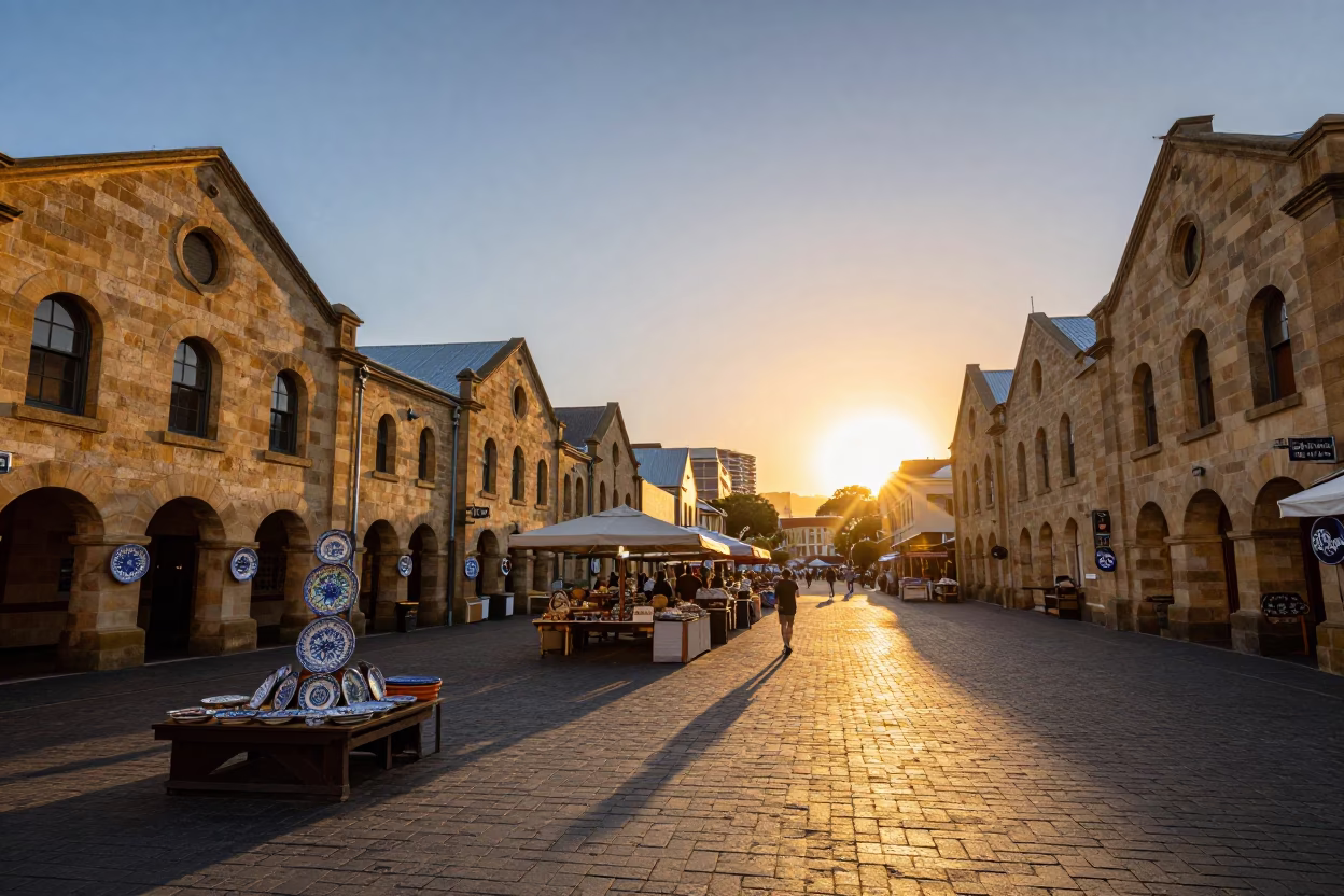 Sunset over Hobart Salamanca Market with Ceramic Plates and Spindle Chairs in in Hobart, Tasmania, Australia