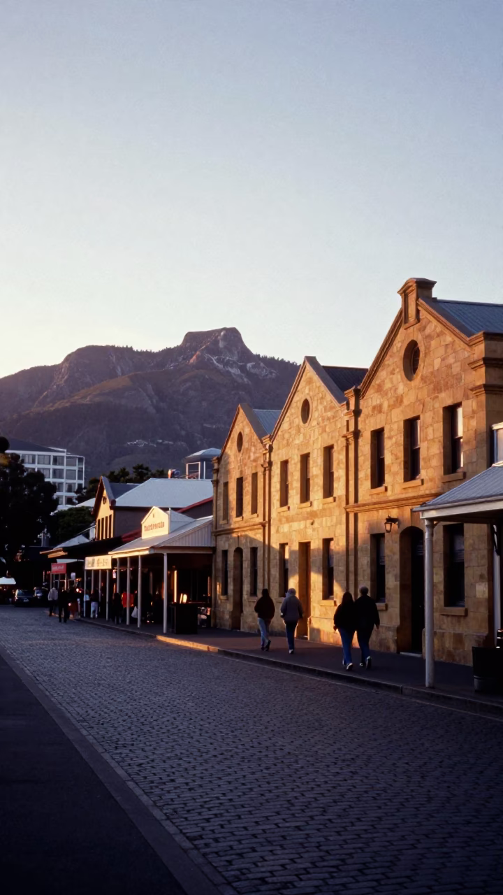 Sunset over Hobart Tasmania Australia with Mount Wellington and Salamanca Market street scene in in Hobart, Tasmania, Australia