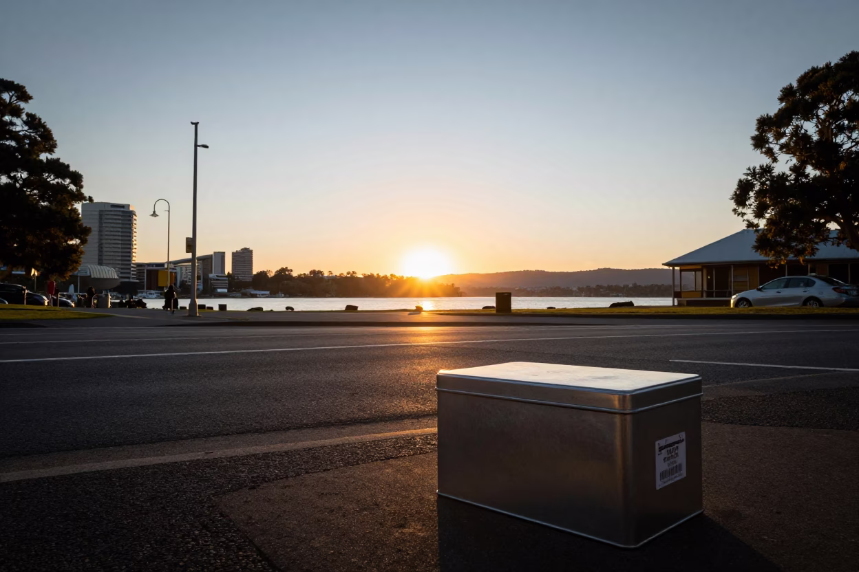 Sunset over Hobart Tasmania featuring a tin box and dam spillway in in Hobart, Tasmania, Australia