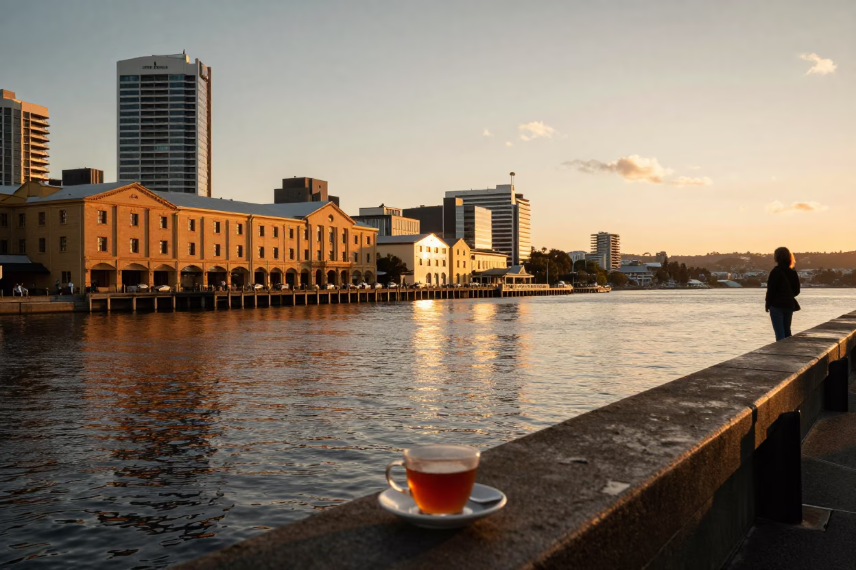 Sunset over Hobart Tasmania waterfront with cup of tea and dahlia blooms in in Hobart, Tasmania, Australia