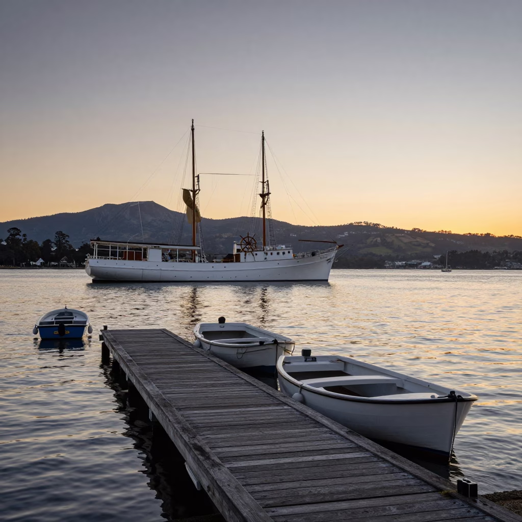 Sunset over Hobart Tasmania waterfront with historic ships and mountain views in in Hobart, Tasmania, Australia
