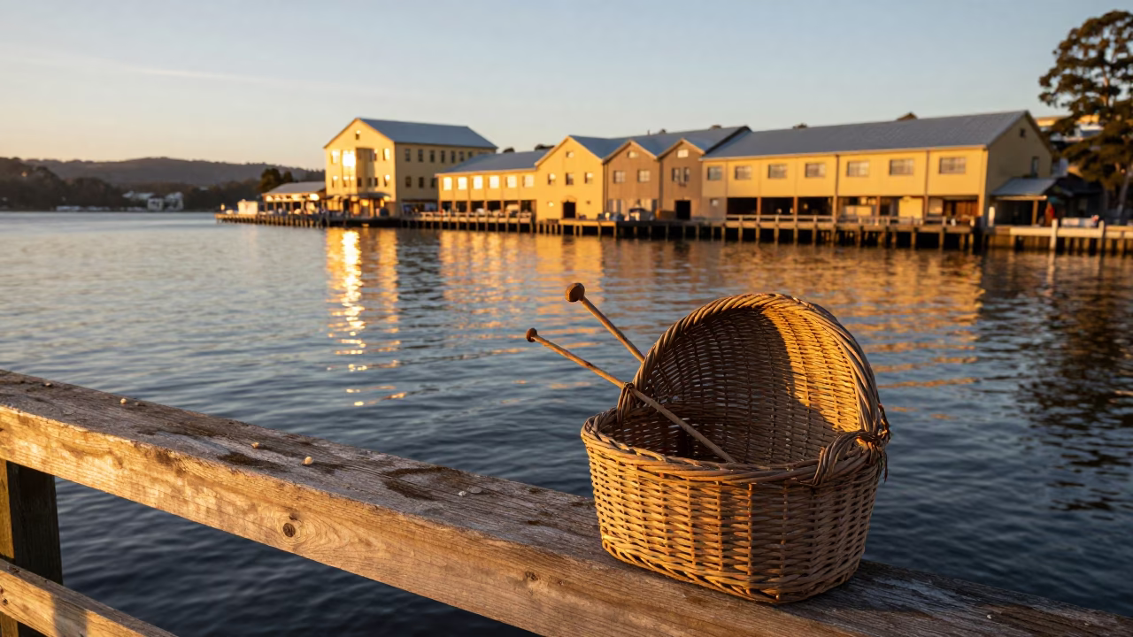 Sunset Over Hobart Tasmania Waterfront with Mending Basket and Spindle Chair in in Hobart, Tasmania, Australia