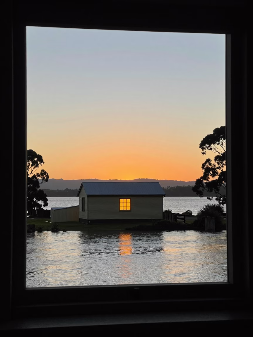 Sunset over Hobart Tasmania with Levee Pump House Window Glowing Over Floodwater in in Hobart, Tasmania, Australia