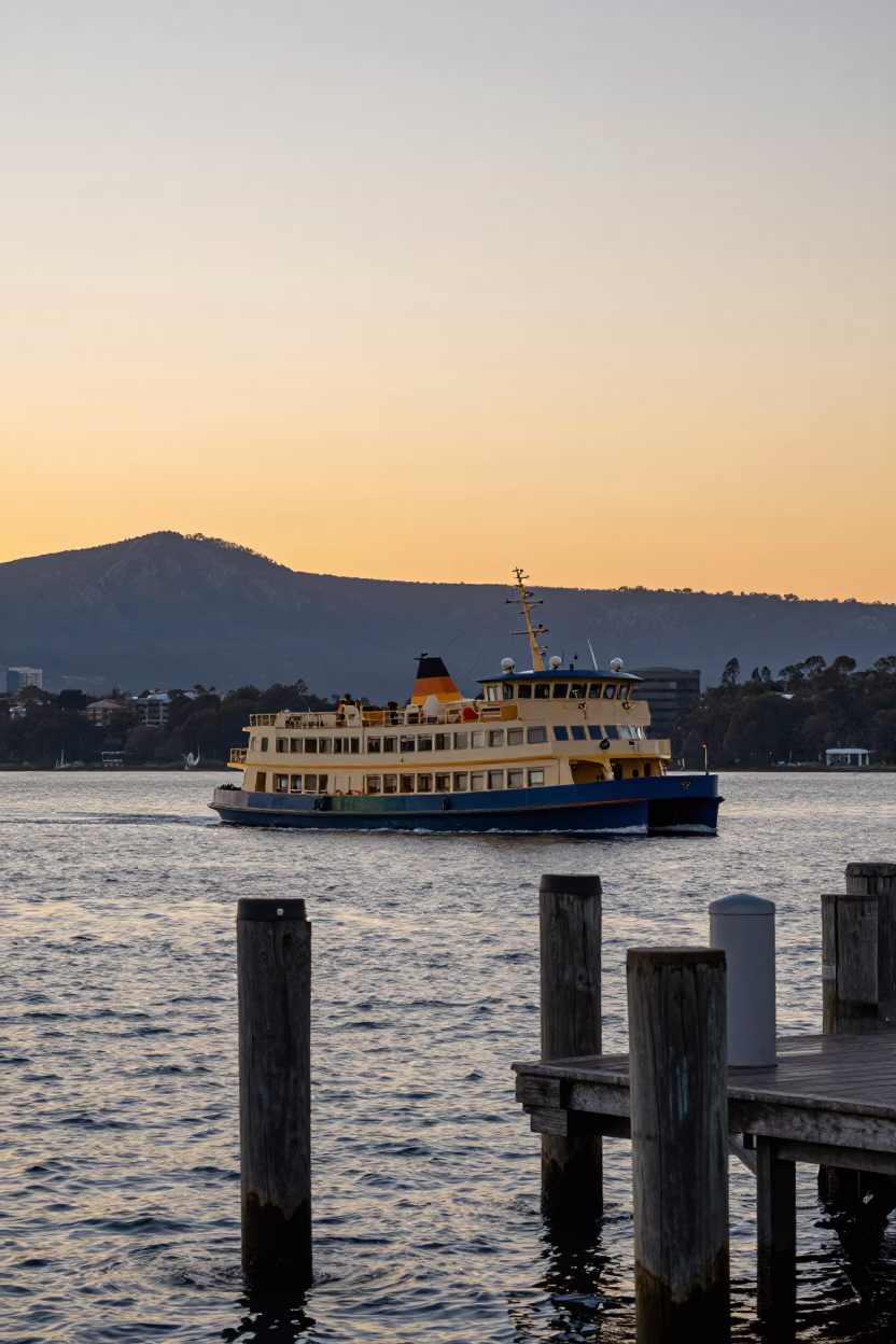 Sunset over Hobart Tasmania with Mount Wellington and Derwent River in in Hobart, Tasmania, Australia