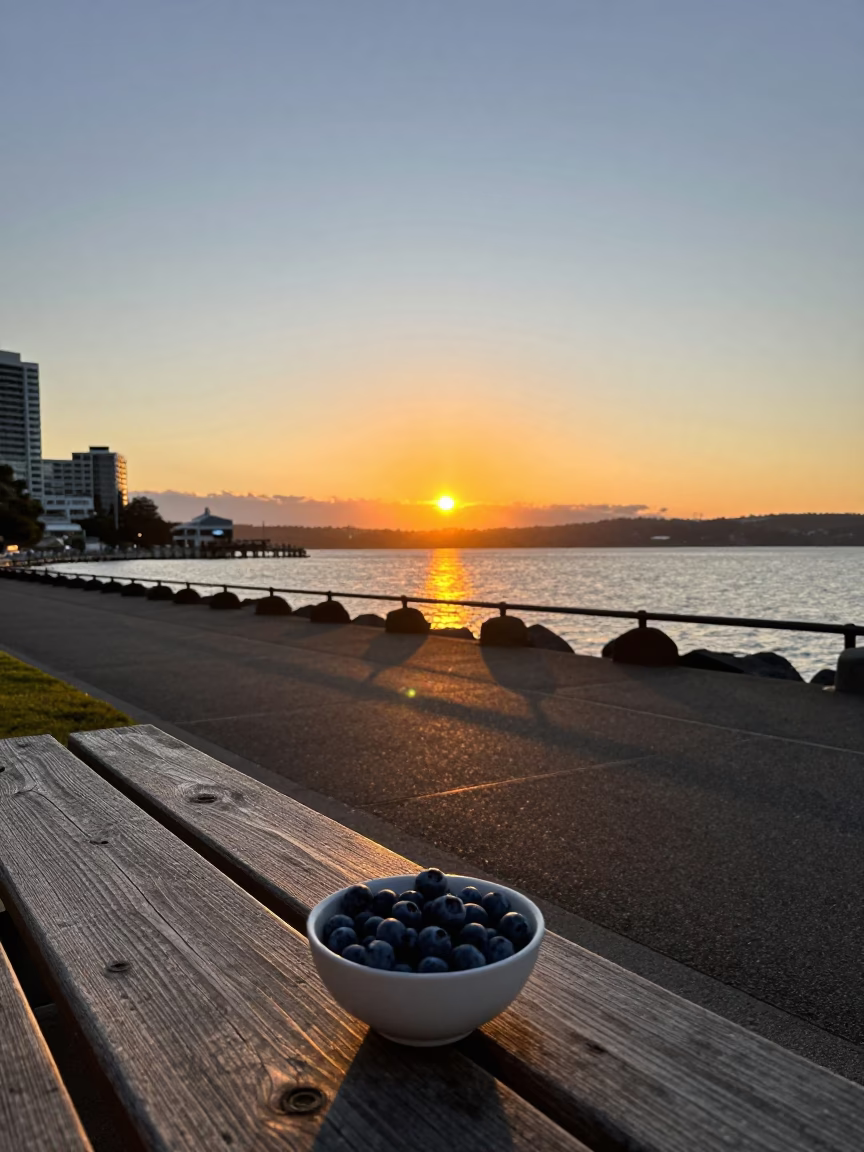Sunset over Hobart Waterfront with Blueberries and Peg Rails in in Hobart, Tasmania, Australia