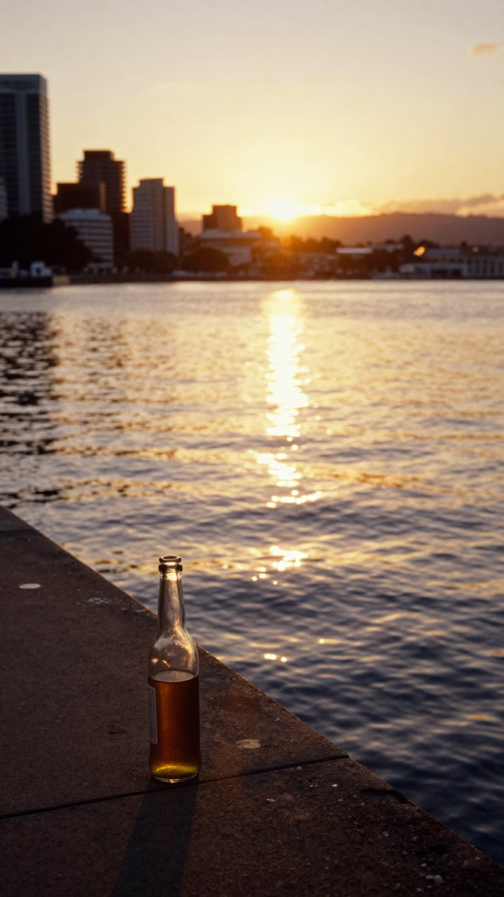 Sunset over Hobart Waterfront with Bottle on Concrete Wharf in in Hobart, Tasmania, Australia