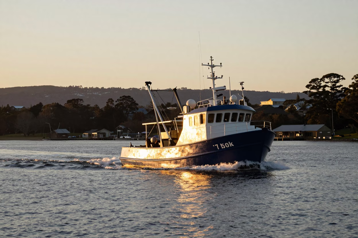 Sunset over Hobart waterfront with fishing boat returning through crashing surf in in Hobart, Tasmania, Australia