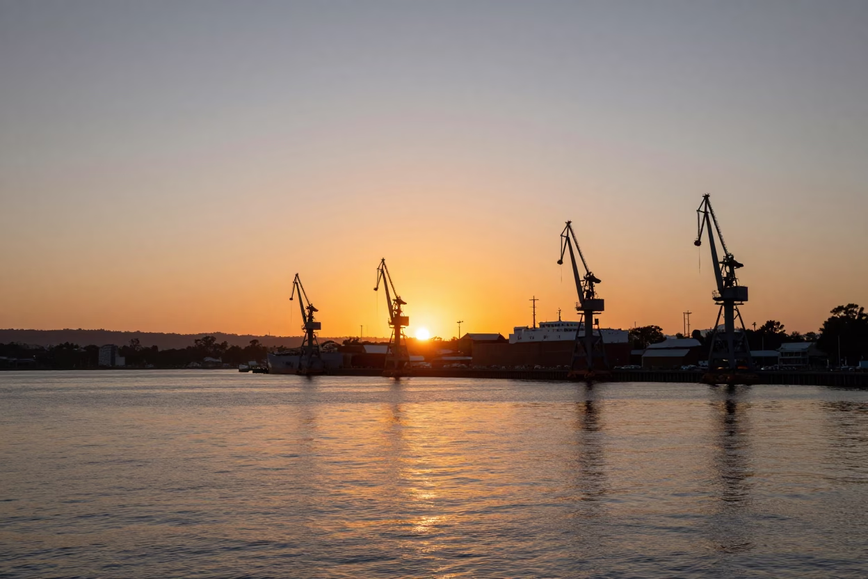 Sunset over Hobart waterfront with historic shipping cranes and Tasmanian sea views in in Hobart, Tasmania, Australia