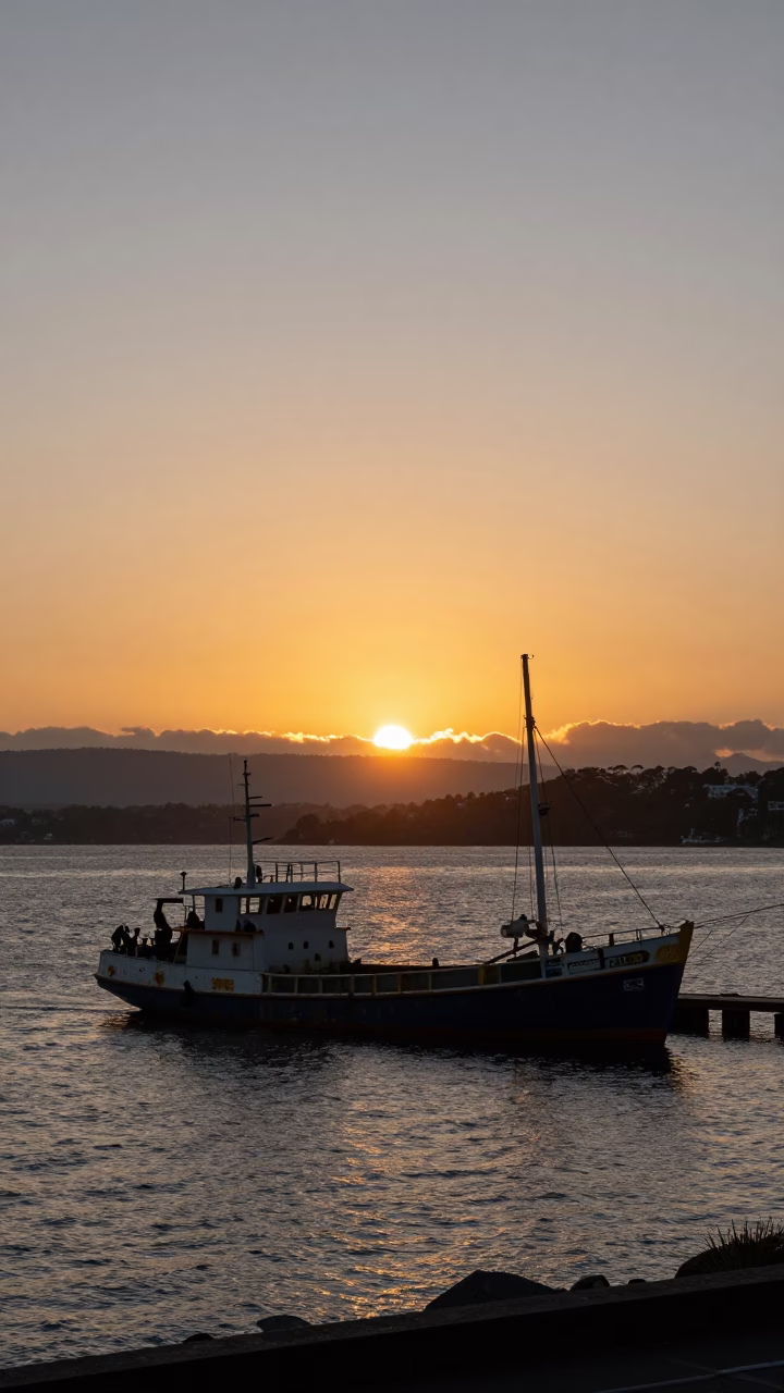 Sunset over Hobart Waterfront with Junk Boat and Levee Pump House Window Glow in in Hobart, Tasmania, Australia