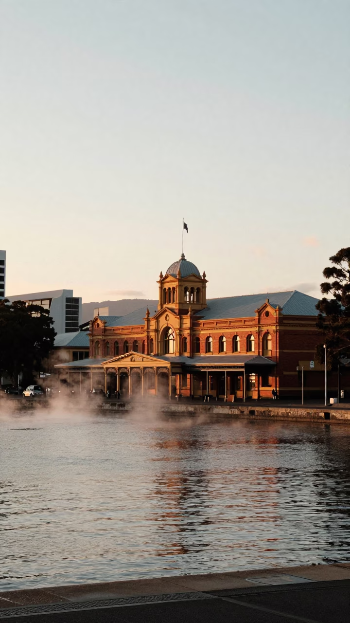 Sunset over Hobart Waterfront with Steam Haze and Historic Architecture in in Hobart, Tasmania, Australia