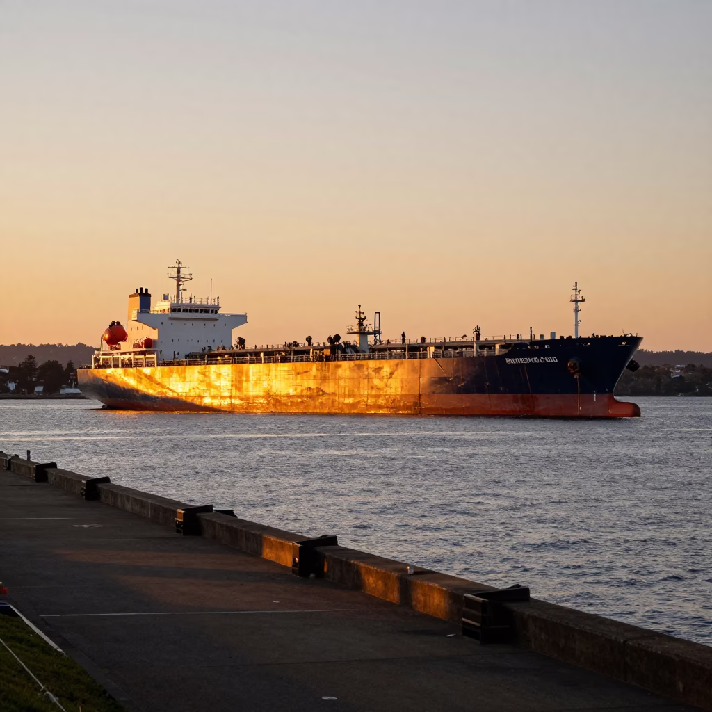 Sunset over Hobart Waterfront with Tanker Ship at Refinery Dock in Tasmania Australia in in Hobart, Tasmania, Australia