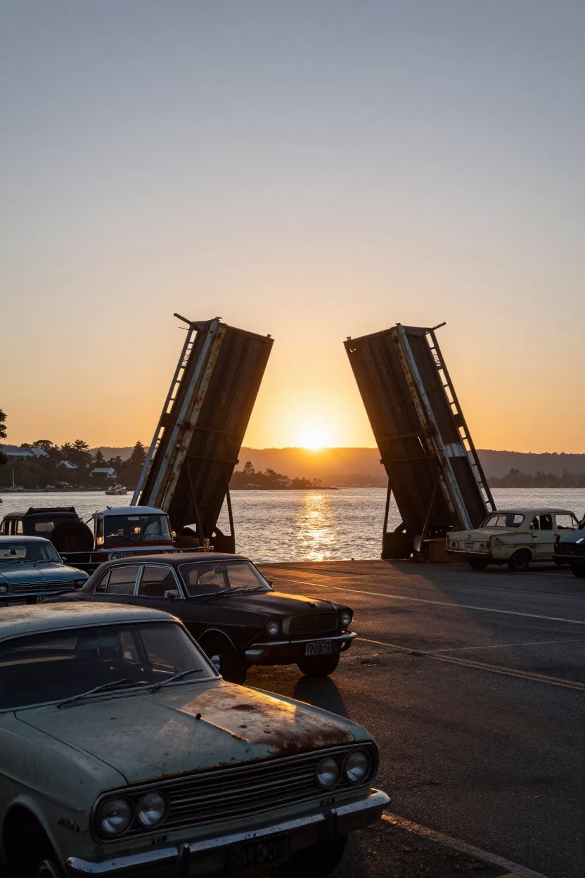 Sunset over Hobart Waterfront with Vintage Cars and Rusted Drawbridge in in Hobart, Tasmania, Australia