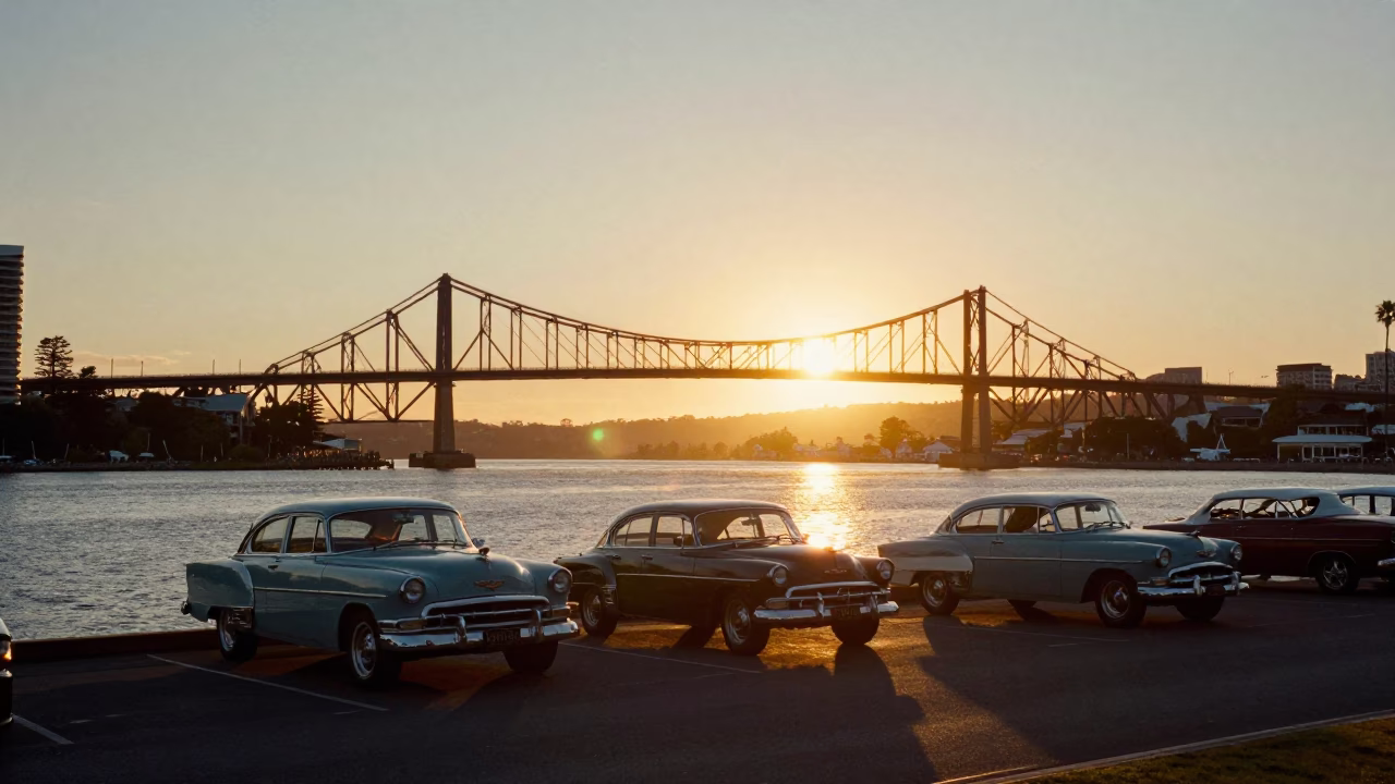 Sunset over Hobart Waterfront with Vintage Cars and Tamaris Bridge in in Hobart, Tasmania, Australia