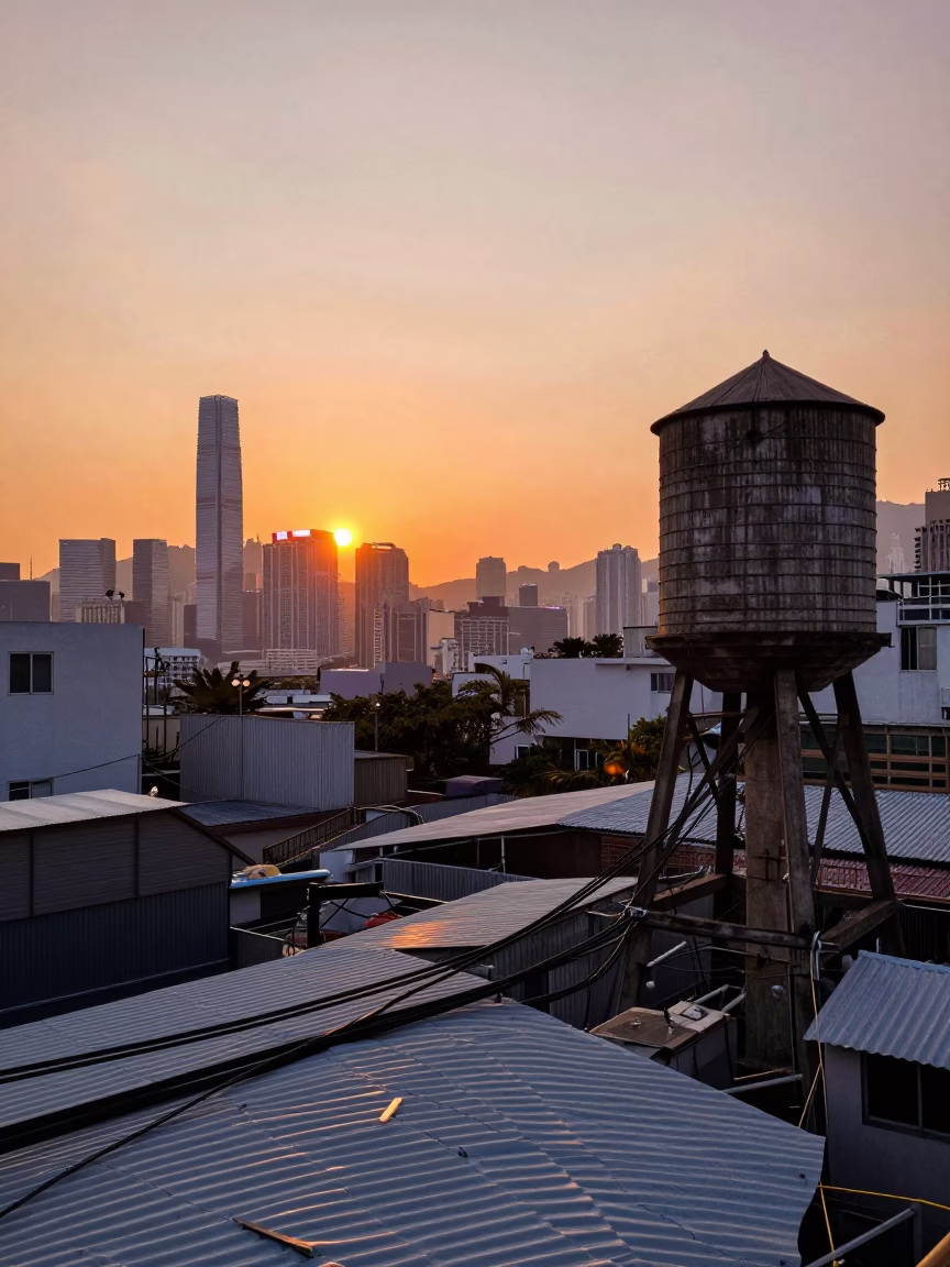 Sunset Over Hong Kong Rooftop Water Tower and Urban Skyline in in Hong Kong, Hong Kong