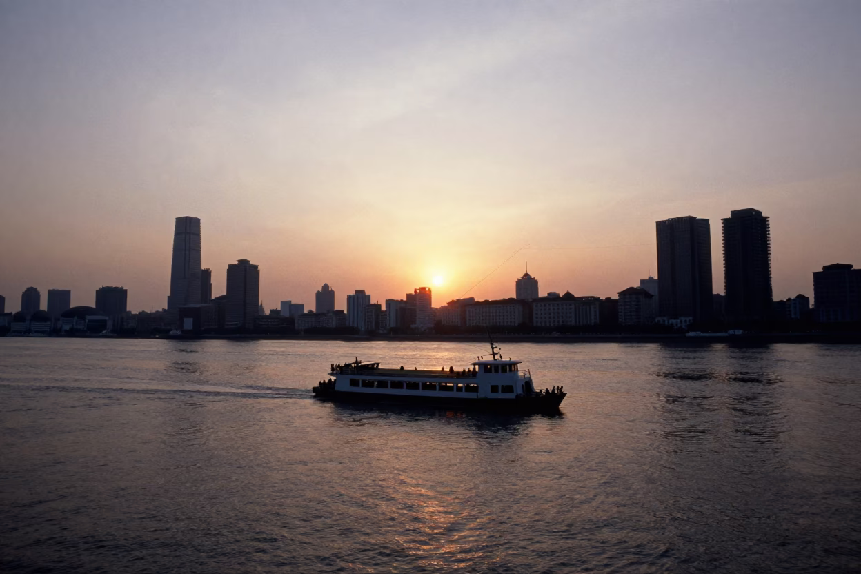 Sunset Over Huangpu River Chain Ferry and Shanghai Skyline Realistic Street Photography in in Shanghai, China