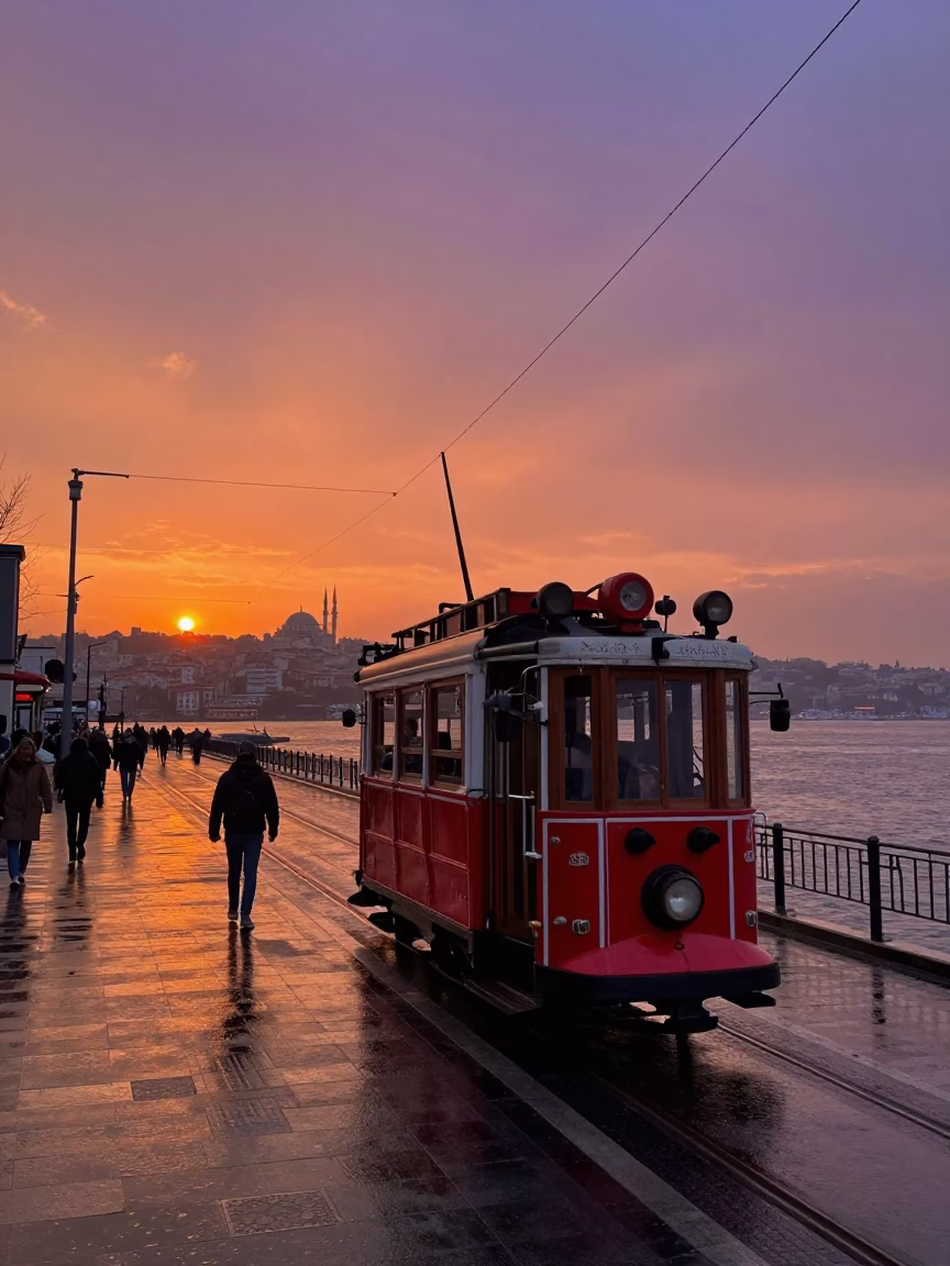Sunset over Istanbul Bosphorus with Heritage Tram and Paper Lanterns in in Istanbul, Turkey