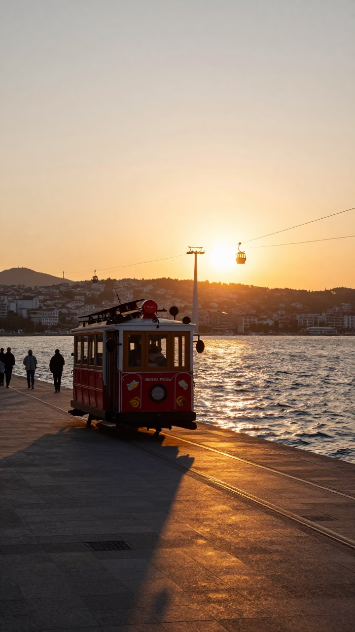 Sunset over Izmir Bay with Cable Car and Coastal Street Life in in Izmir, Turkey