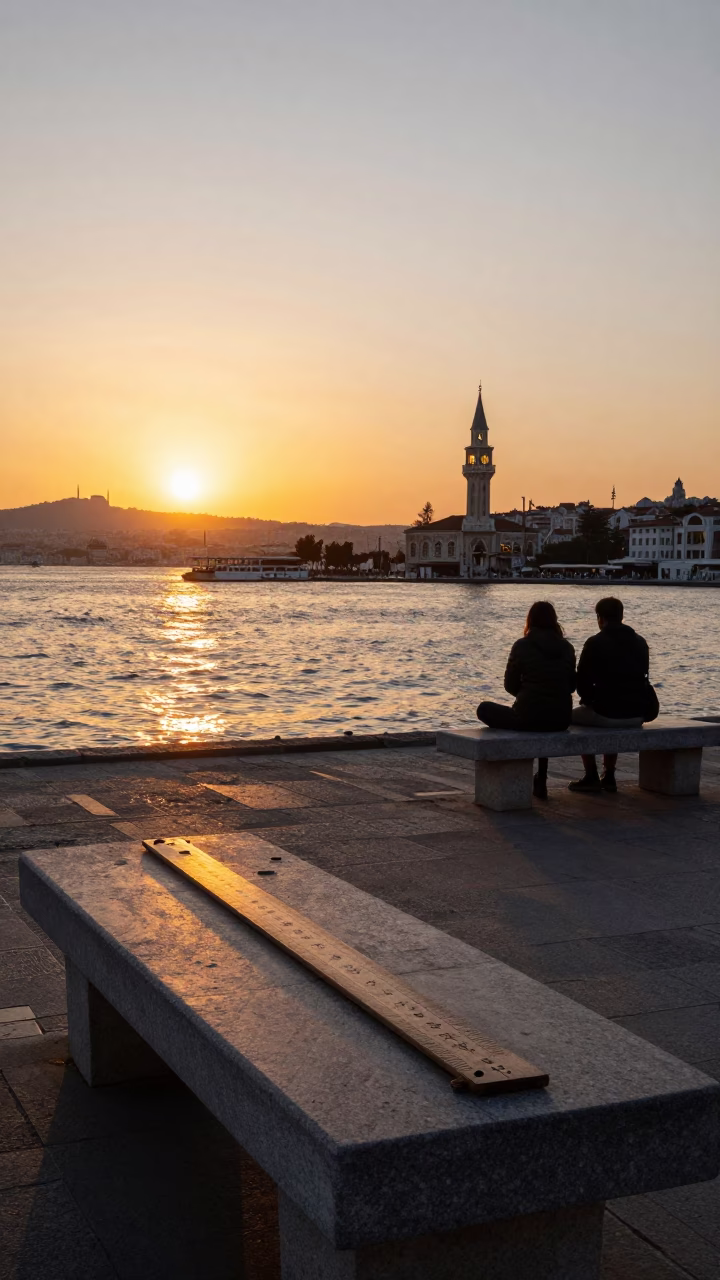Sunset over Izmir Bay with historic clock tower and bustling coastal promenade scene in in Izmir, Turkey