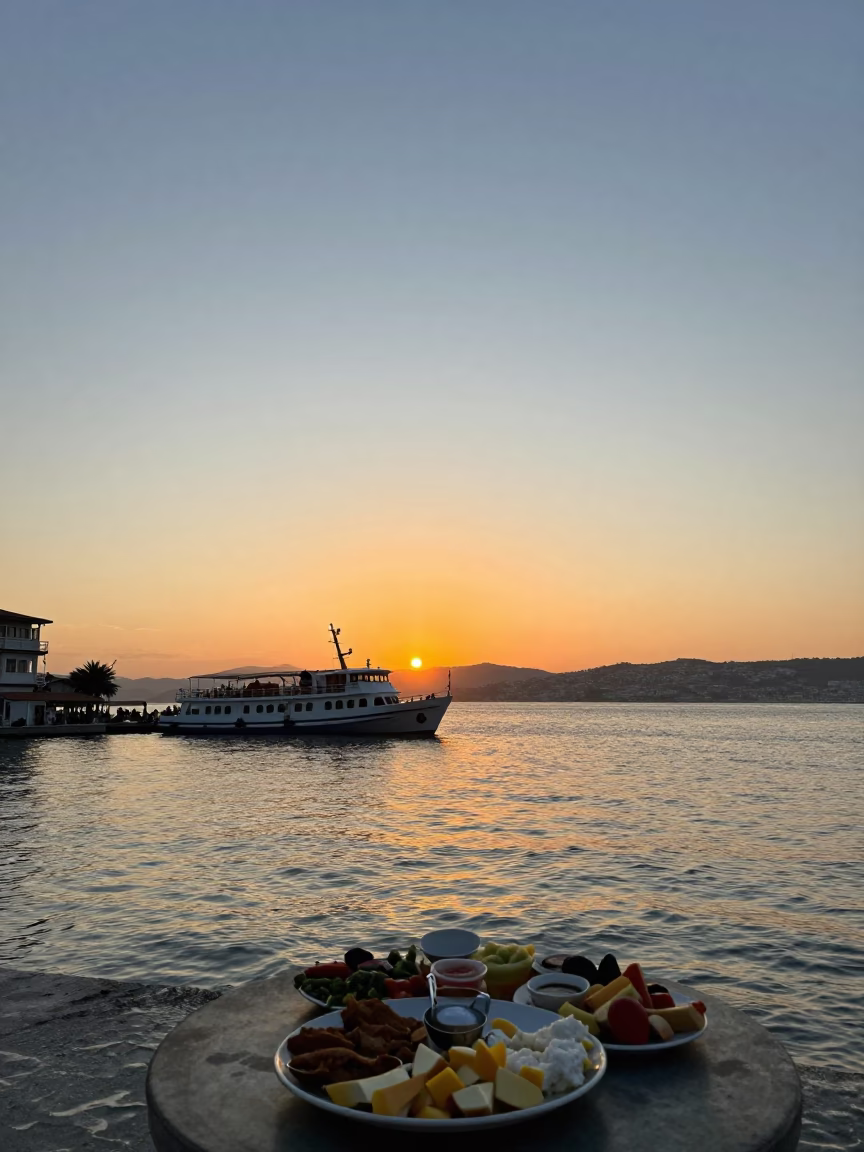 Sunset Over Izmir Bay With Mail Boat and Mezze Platter on Terrace in in Izmir, Turkey