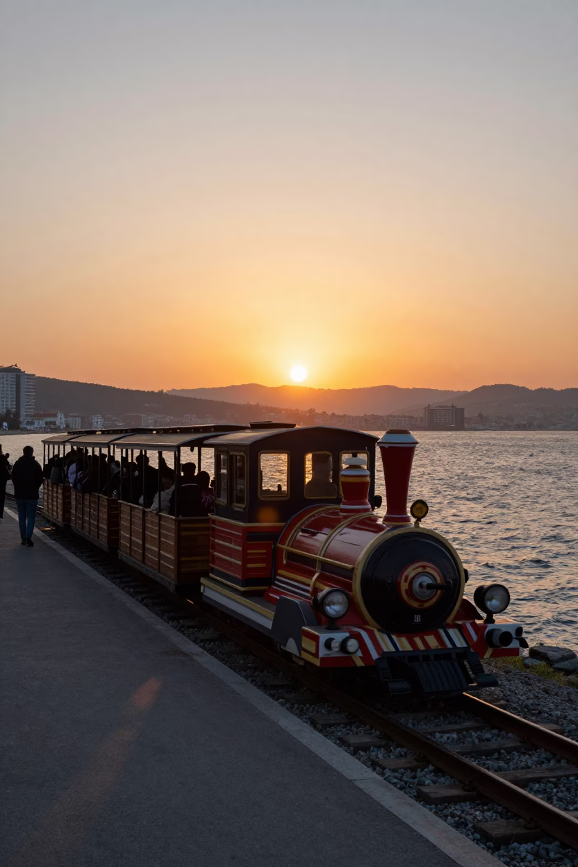 Sunset over Izmir Bay with Narrow Gauge Train and Coastal Promenade in Turkey in in Izmir, Turkey