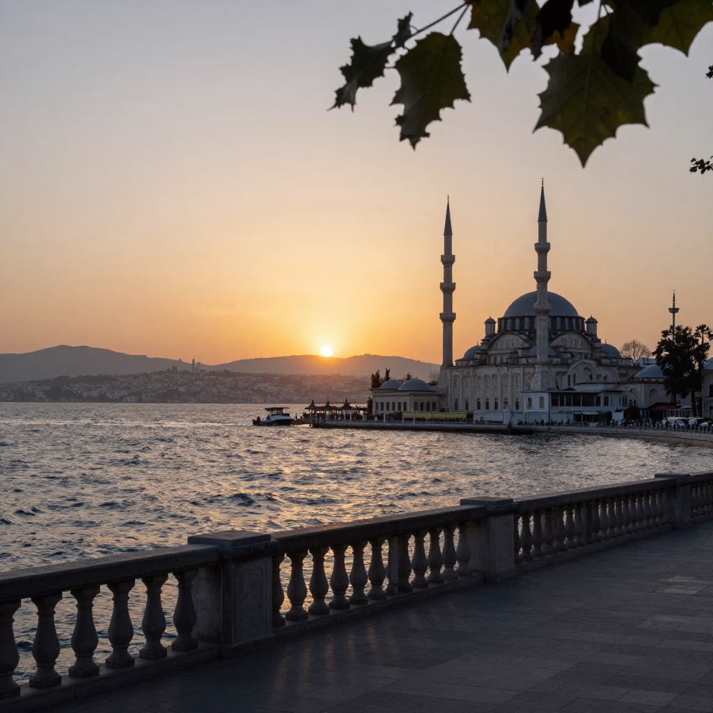 Sunset over Izmir Bay with Ottoman architecture and leaf shadows in in Izmir, Turkey