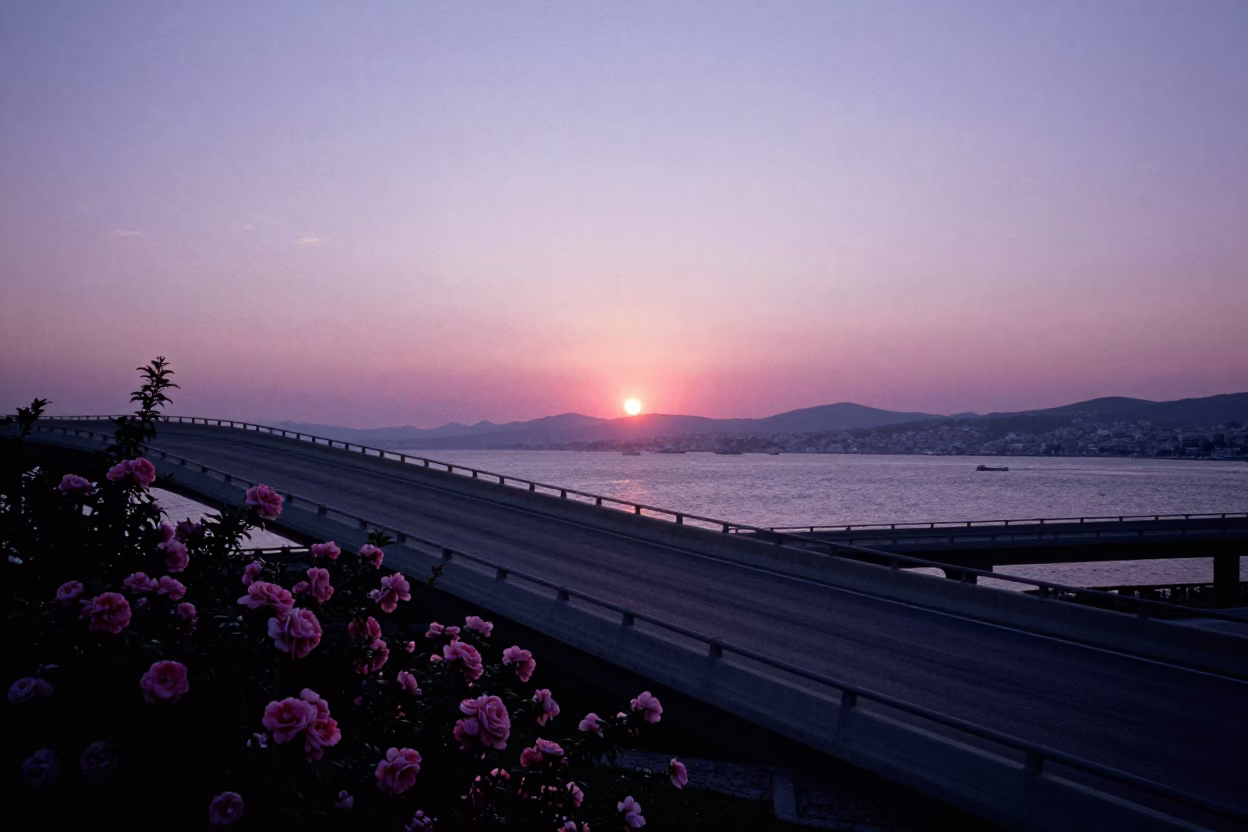 Sunset Over Izmir Bay With Overpass Ramp And Camellia Blooms in in Izmir, Turkey