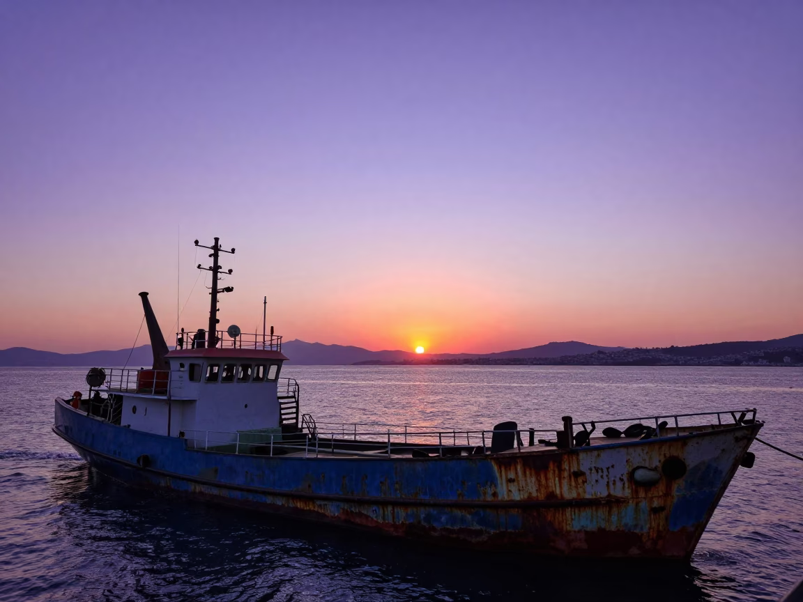 Sunset Over Izmir Bay With Oyster Dredger and Rusty Harbor Details in in Izmir, Turkey