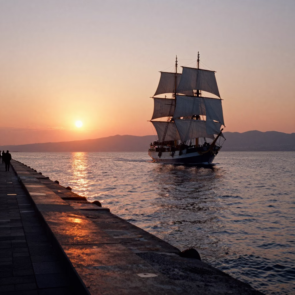Sunset Over Izmir Bay With Tall Ship Entering Kordon Promenade in in Izmir, Turkey