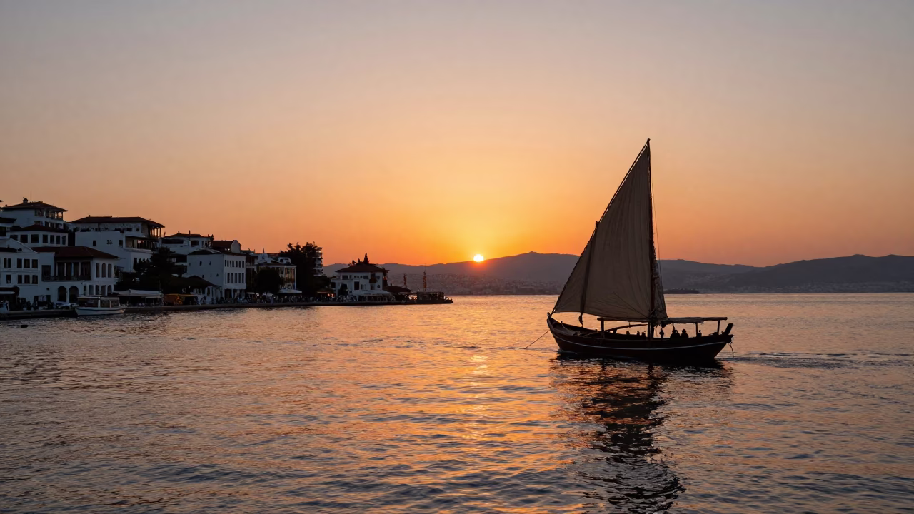 Sunset over Izmir Bay with Traditional Dhow Sailing Past Coastal Architecture in in Izmir, Turkey