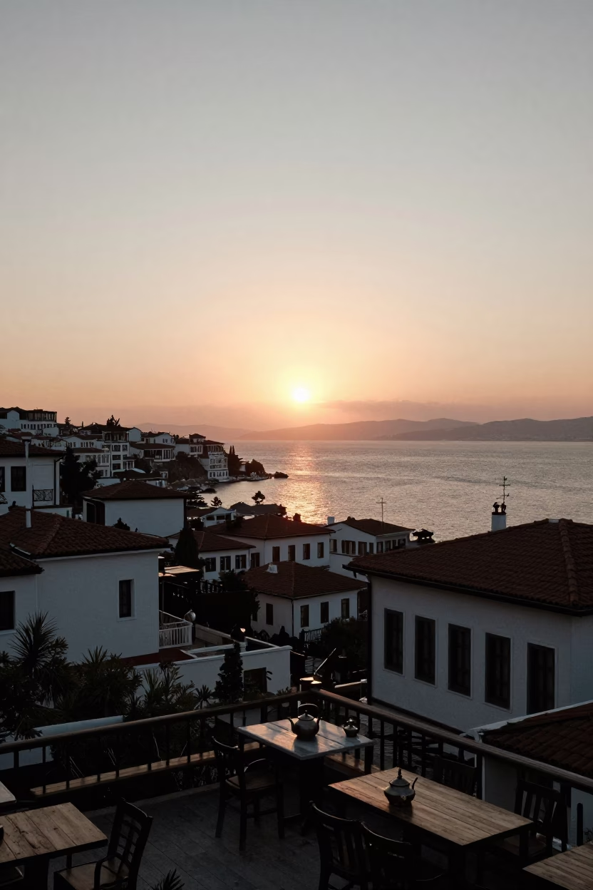 Sunset over Izmir Bay with Traditional Tea Kettle and Ceramic Tiles in in Izmir, Turkey