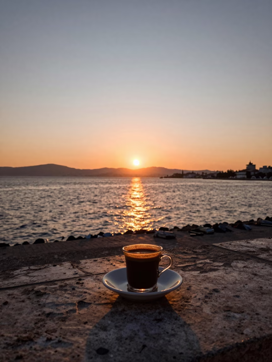 Sunset over Izmir Bay with Turkish Coffee on Historic Terrace in in Izmir, Turkey