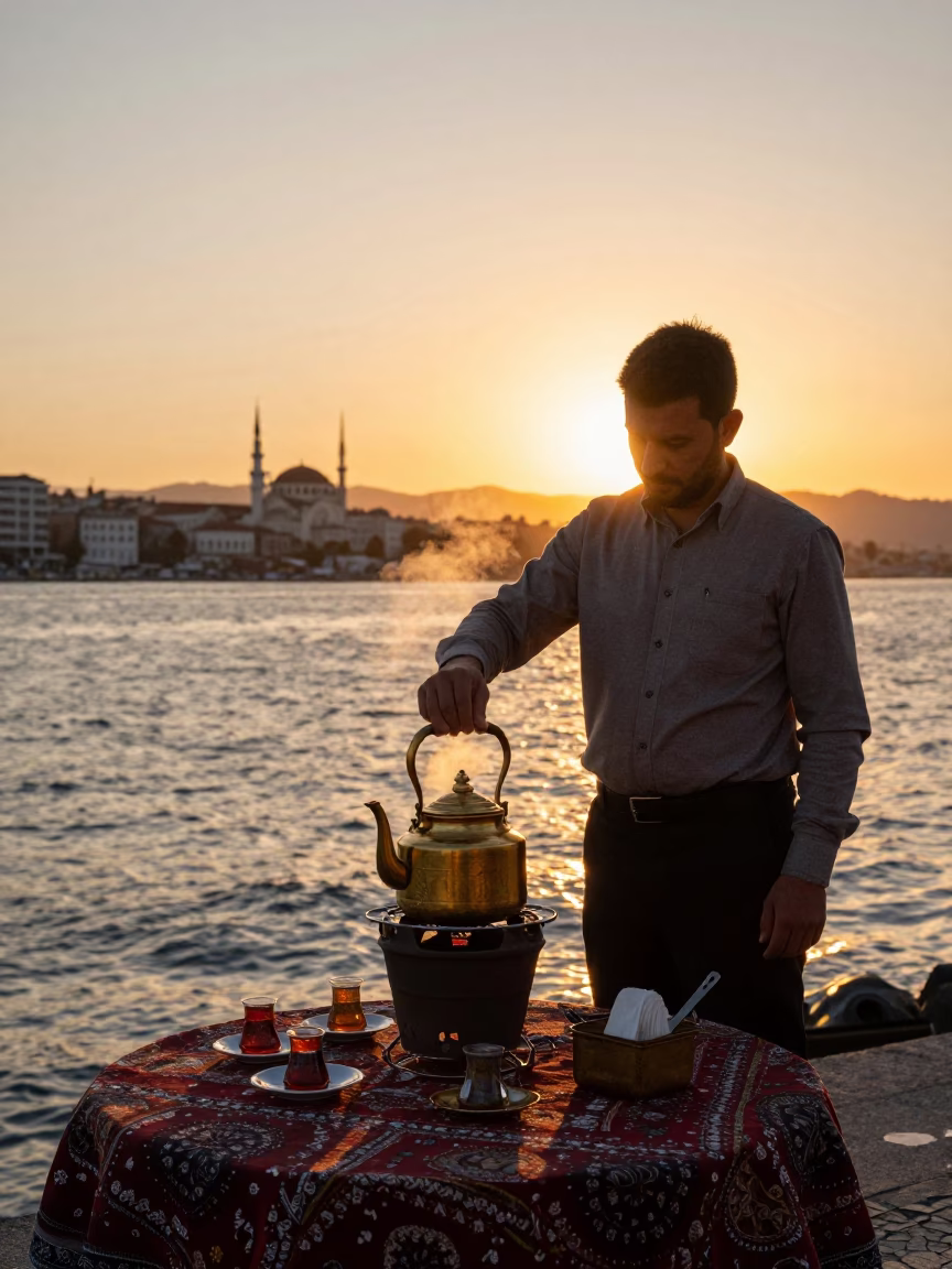 Sunset over Izmir Kordon Promenade with Traditional Tea Service and City Skyline in in Izmir, Turkey