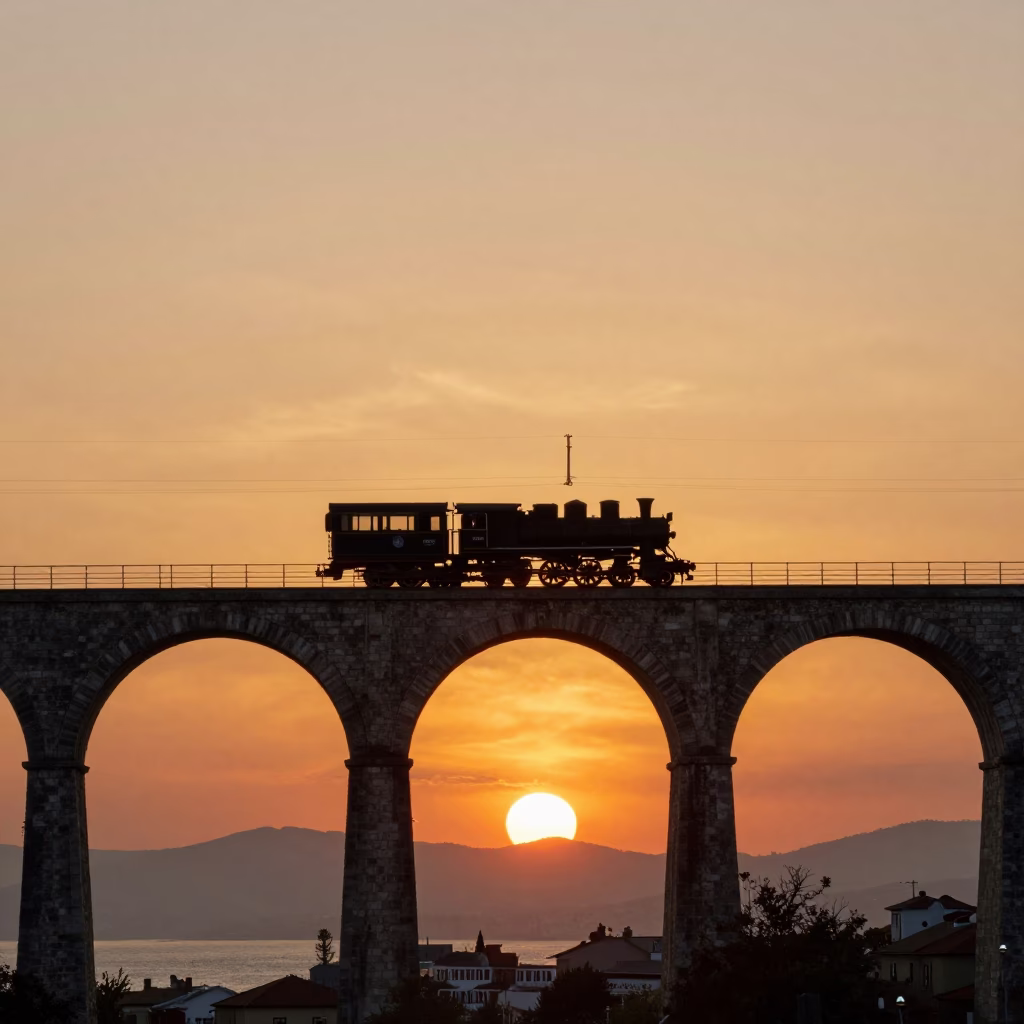 Sunset over Izmir Turkey Railway Viaduct with Steam Train Crossing Arches in in Izmir, Turkey