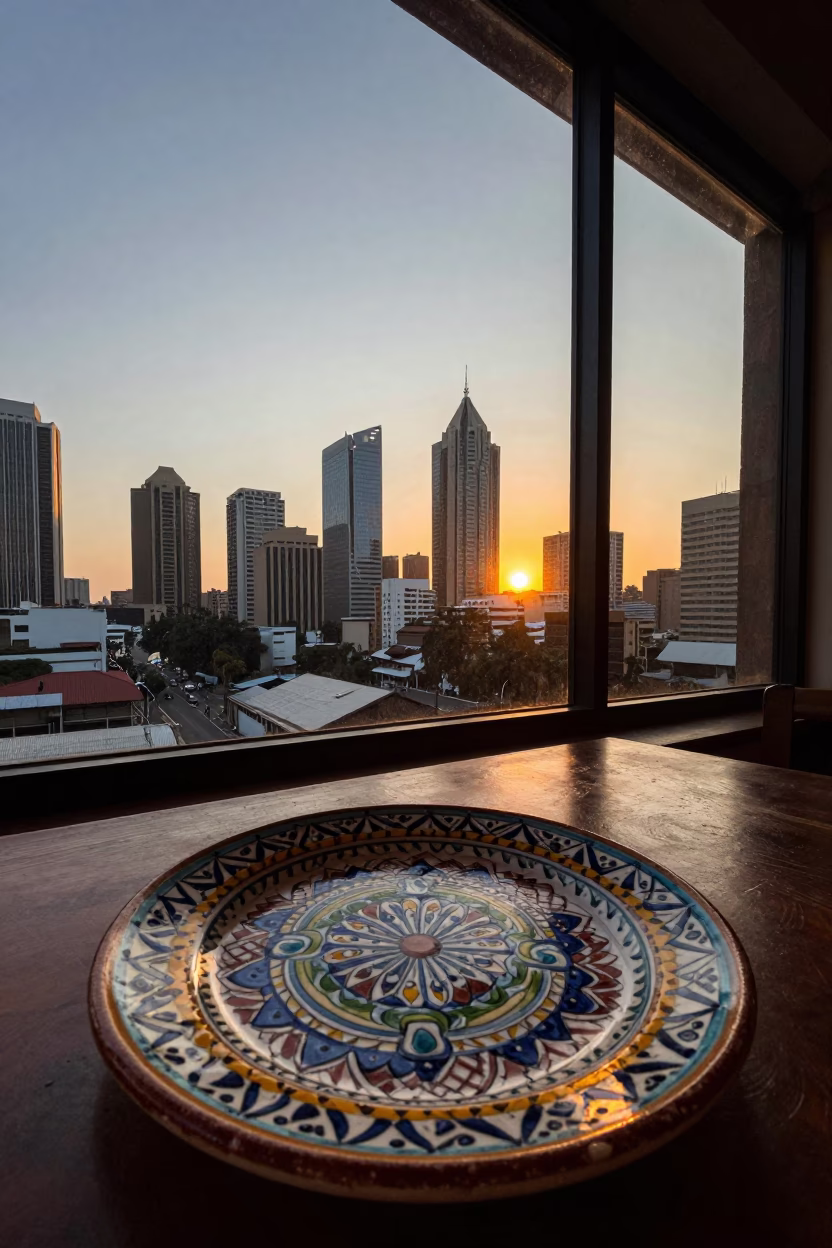 Sunset over Johannesburg CBD with Vintage Italian Majolica Plate on Restaurant Table in in Johannesburg, South Africa
