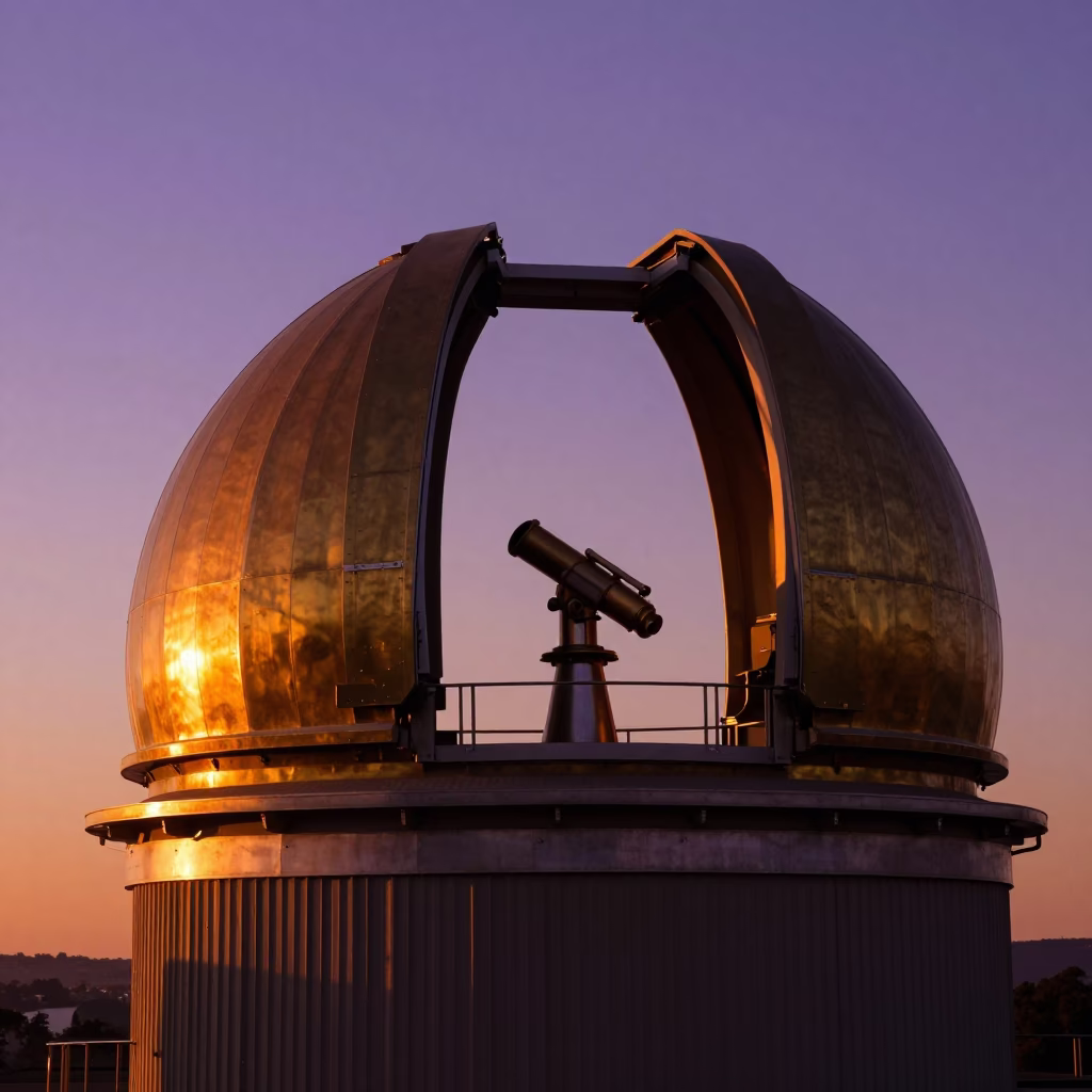 Sunset Over Johannesburg Observatory Dome with Vintage Telescope and Twilight Sky in in Johannesburg, South Africa
