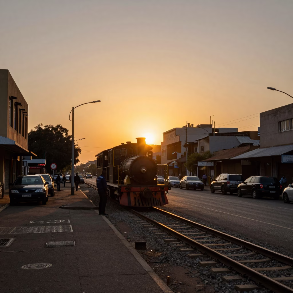 Sunset Over Johannesburg Street Scene with Narrow Gauge Train and Iron Hook in in Johannesburg, South Africa