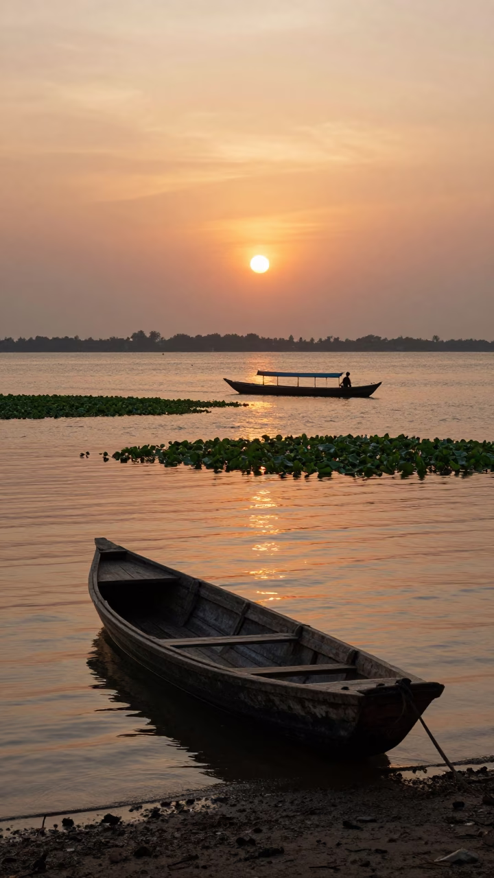 Sunset Over Kochi Backwaters With Rowboat And Water Hyacinth in in Kochi, India