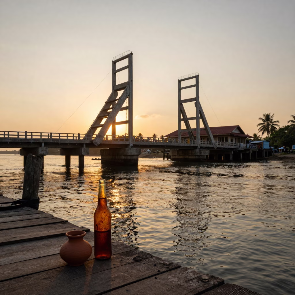 Sunset Over Kochi Backwaters with Rusty Bottle and Clay Teapot in in Kochi, India