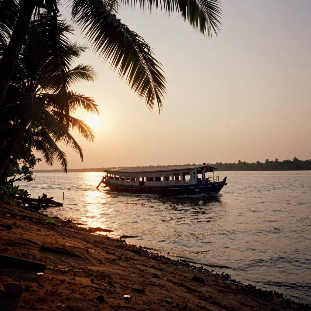 Sunset over Kochi Backwaters with Vintage Steamboat and Traditional Houseboat in in Kochi, India