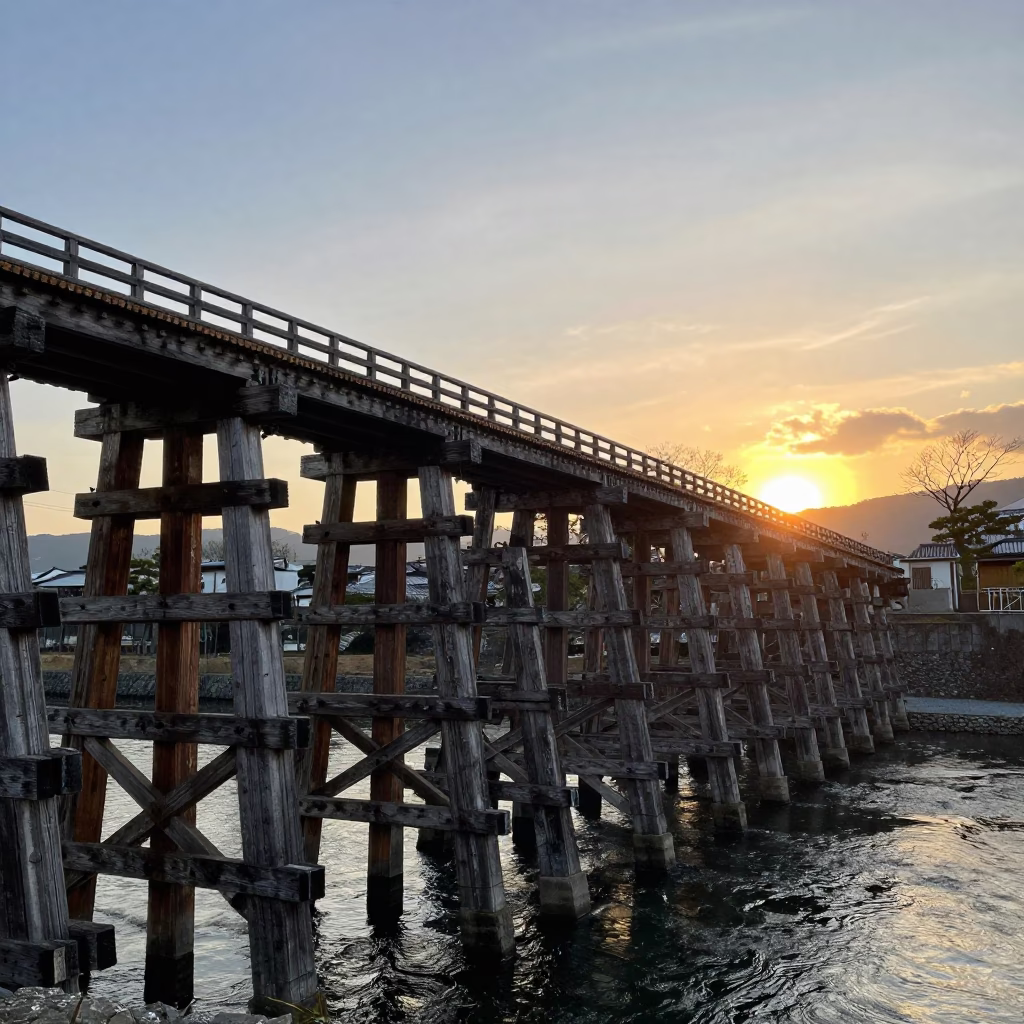 Sunset Over Kyoto River With Wooden Train Trestle Bridge and Urban Landscape in in Kyoto, Japan