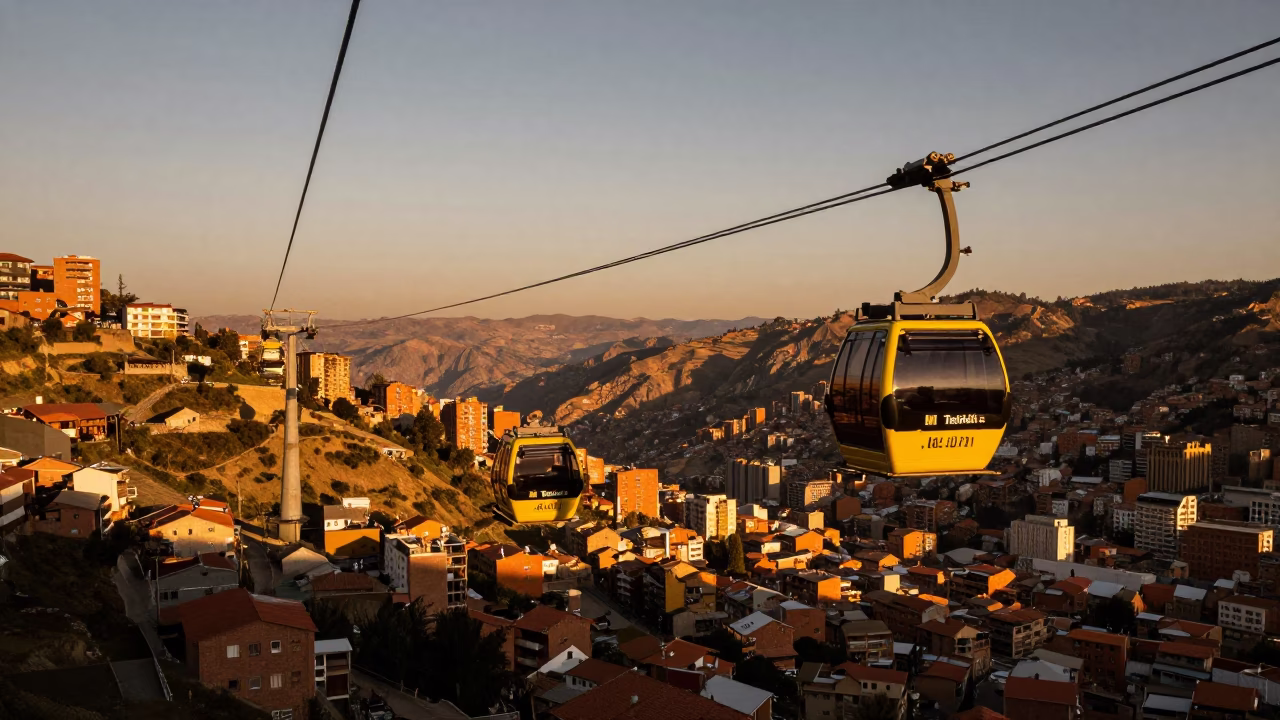 Sunset Over La Paz Bolivia Aerial Cable Cars And Urban Landscape in in La Paz, Bolivia
