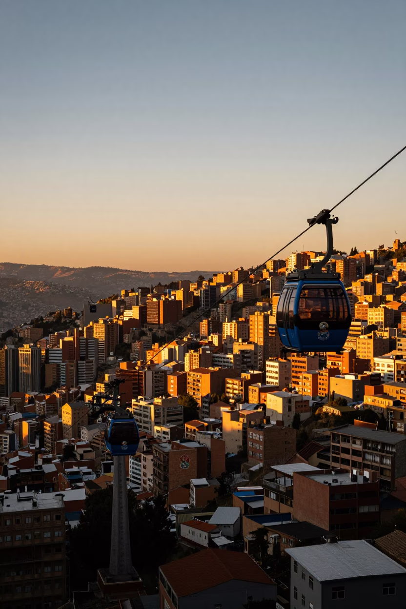 Sunset Over La Paz Bolivia Cable Cars and Urban Landscape at Dusk in in La Paz, Bolivia