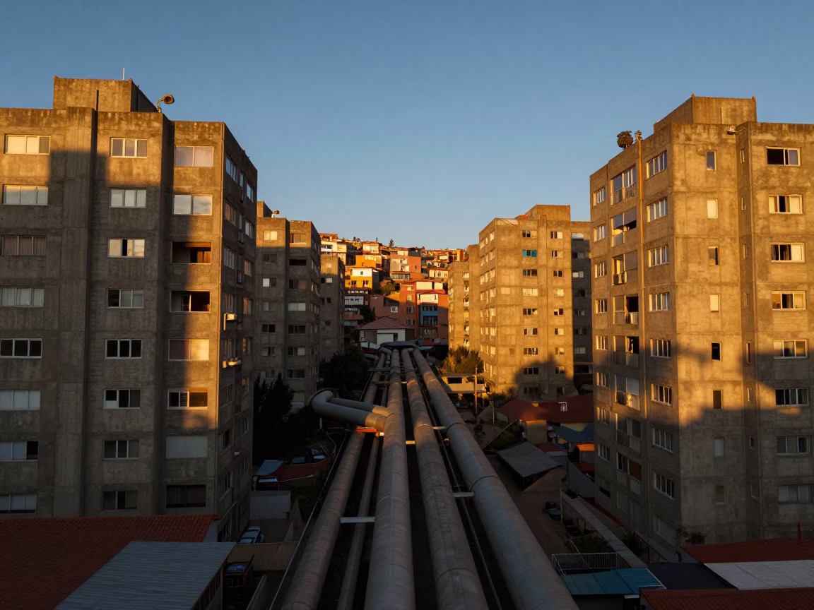 Sunset Over La Paz Bolivia Urban District Heating Pipes Between Concrete Apartment Blocks in in La Paz, Bolivia