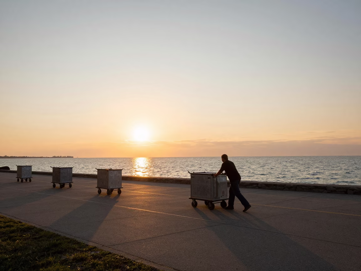 Sunset Over Lake Michigan with Rolling Carts on Chicago Boardwalk in in Chicago, Illinois, United States
