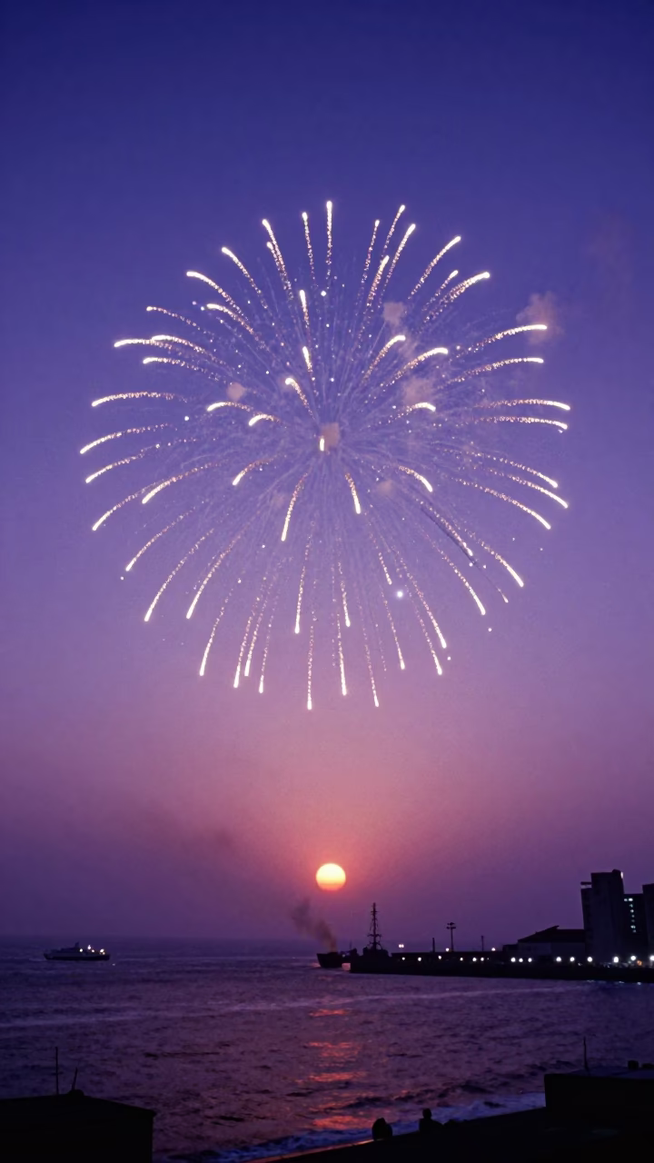 Sunset over Lima Peru harbor with fireworks illuminating the Pacific coast evening in in Lima, Peru