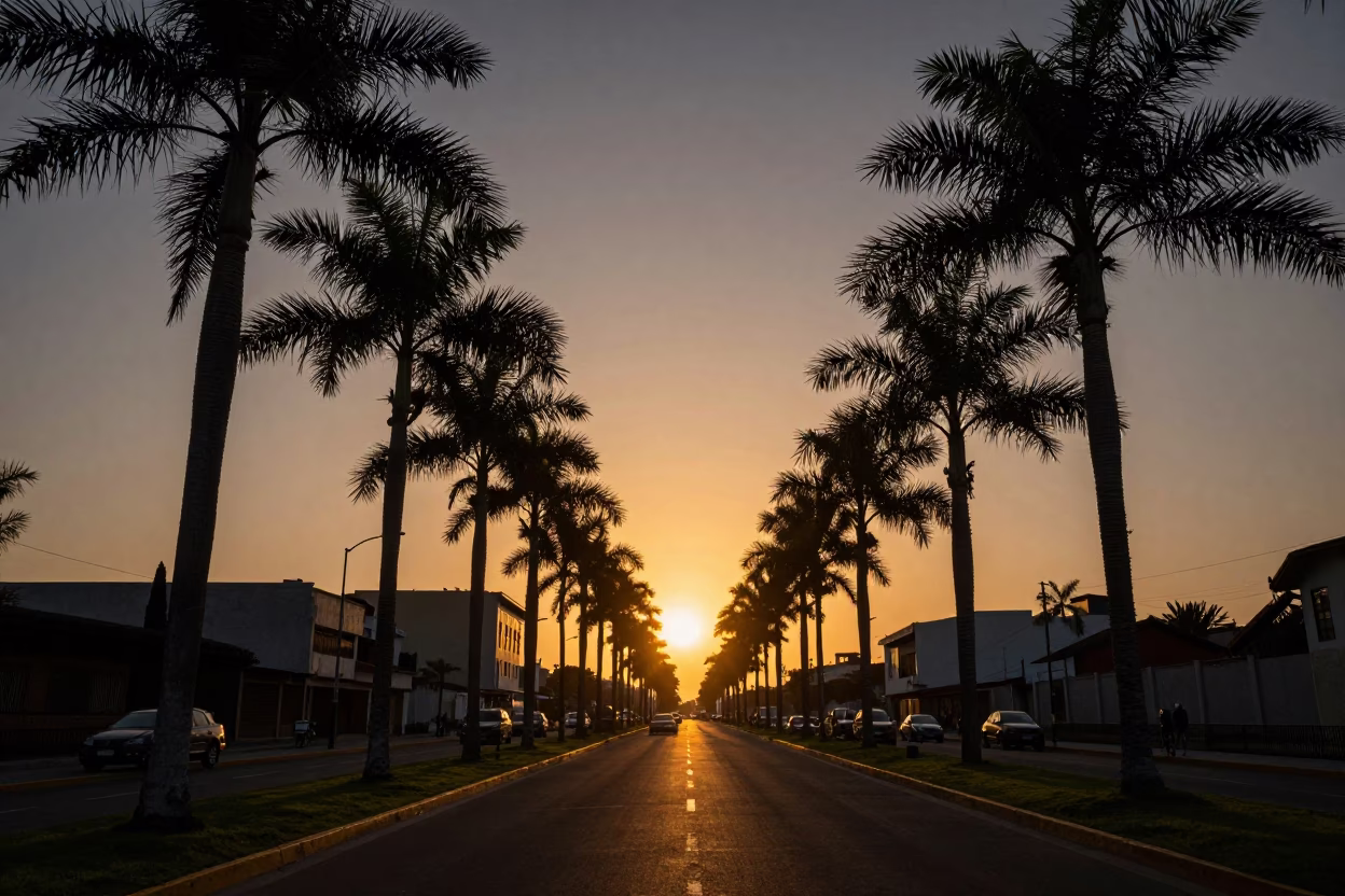 Sunset Over Lima Peru Palm Tree Avenue and Urban Street Scene in in Lima, Peru